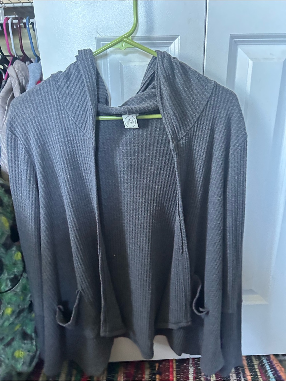 Paper Crane Ribbed Hooded Open Cardigan - Gray